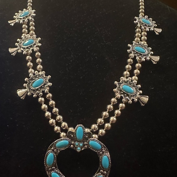 Southwestern Squash Blossom Necklace Turquoise Color Double Strand 28in - Picture 2 of 9